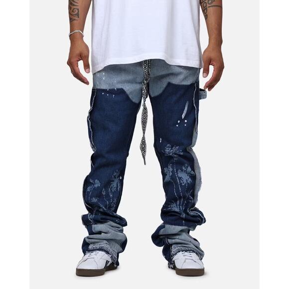 Lifted Anchors Men's Venus Floral Flared Leg Stacked Denim Jeans in Blue Wash